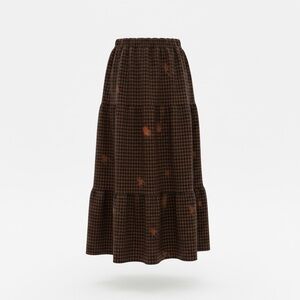 E·U·X vintage Brown & Black Houndstooth Midi Skirt – Elastic Waist – L /XL